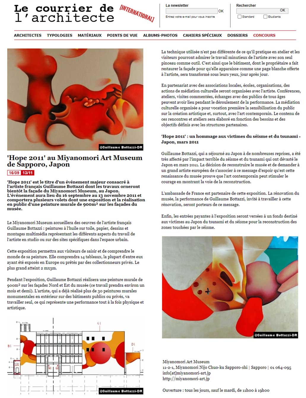 Article au sujet de Guillaume Bottazzi en 2011 sur Le Courrier de l'Architecte, au sujet de la plus grande peinture du Japon, réalisée pour le musée d'art International Miyanomori.