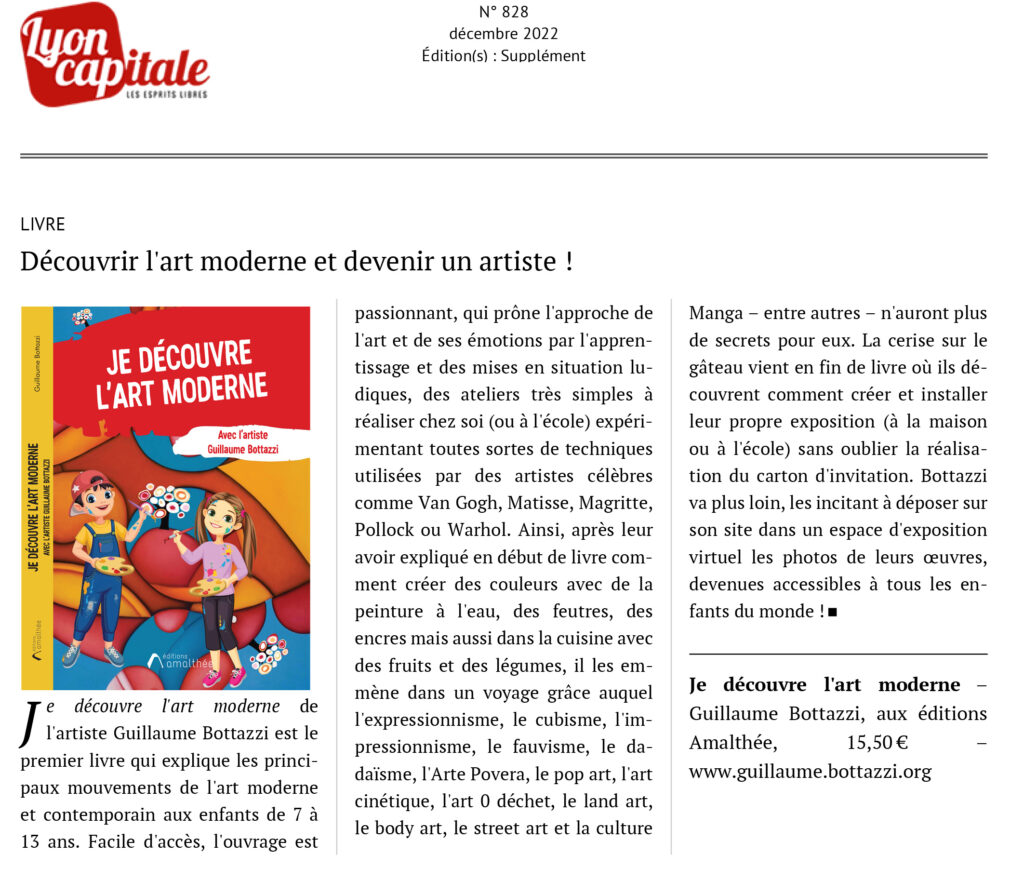 Article au sujet du livre 'Je découvre l'art moderne avec l'artiste Guillaume Bottazzi' sur Lyon Capitale.