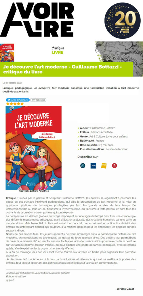 Article au sujet du livre 'Je découvre l'art moderne avec l'artiste Guillaume Bottazzi' sur Avoir-Alire
