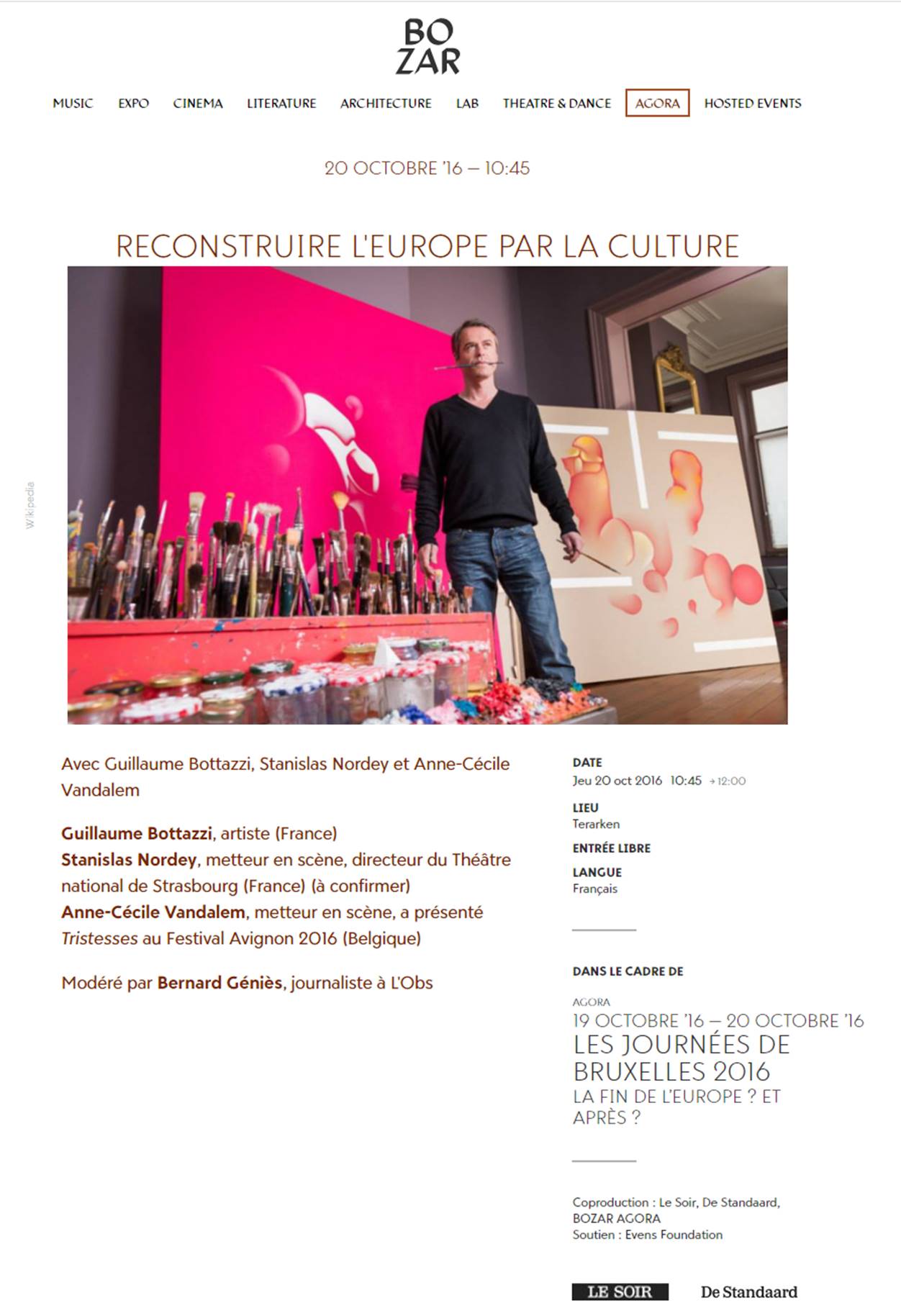 Bozar – Belgique, Guillaume Bottazzi "Reconstruire l'Europe par la Culture"