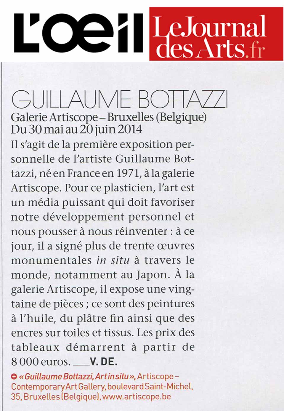 L’Oeil Magazine, Le Journal des Arts – France, Guillaume Bottazzi