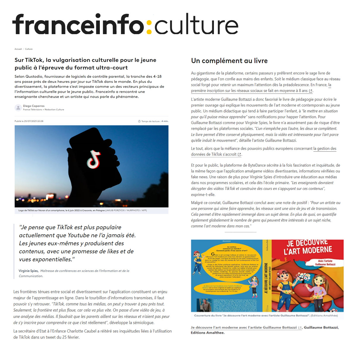 Article au sujet du livre 'Je découvre l'art moderne avec l'artiste Guillaume Bottazzi' sur France Info : culture.