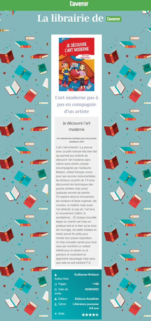Article au sujet du livre 'Je découvre l'art moderne avec l'artiste Guillaume Bottazzi' dans la livrairie du journal l'Avenir.