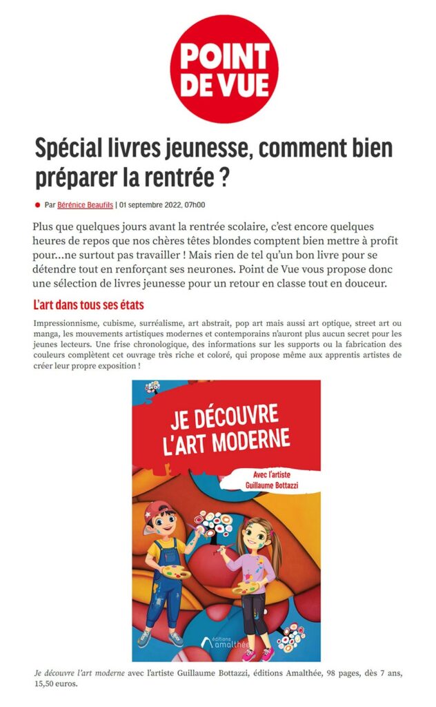Article au sujet du livre 'Je découvre l'art moderne avec l'artiste Guillaume Bottazzi' sur Point de Vue magazine