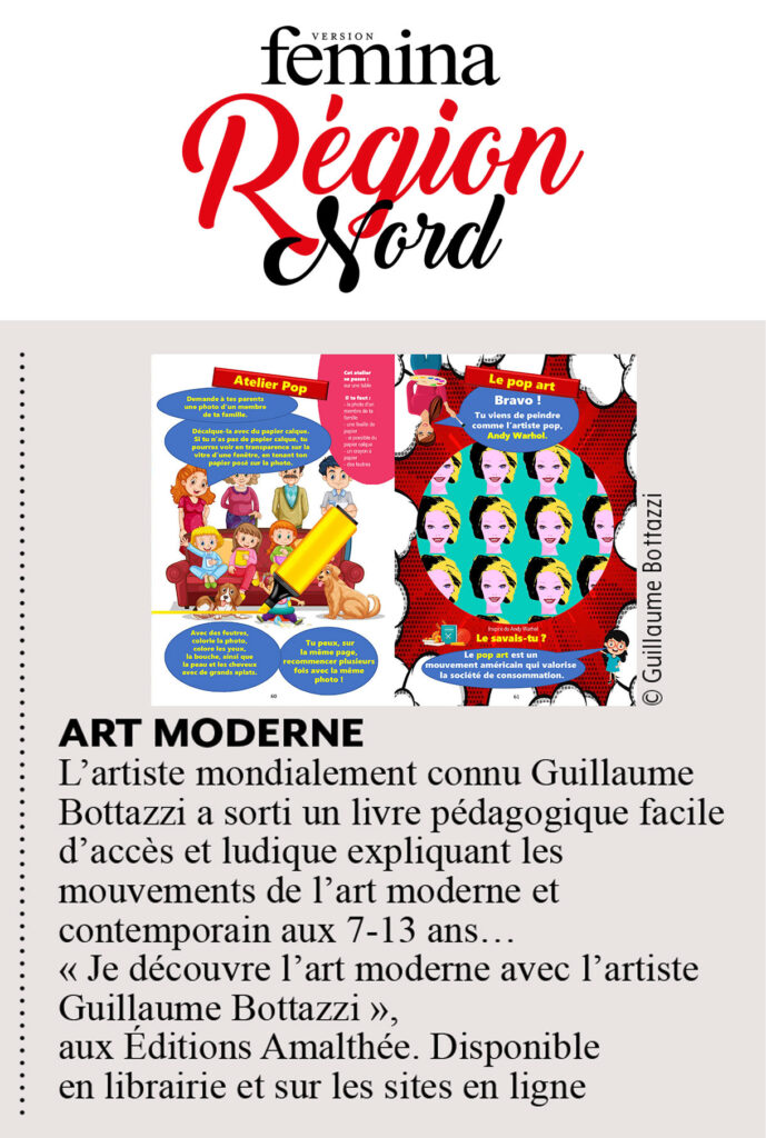 Article, Femina région Nord au sujet de Guillaume Bottazzi et de son livre 'je découvre l'art moderne avec l'artiste Guillaume Bottazzi'.