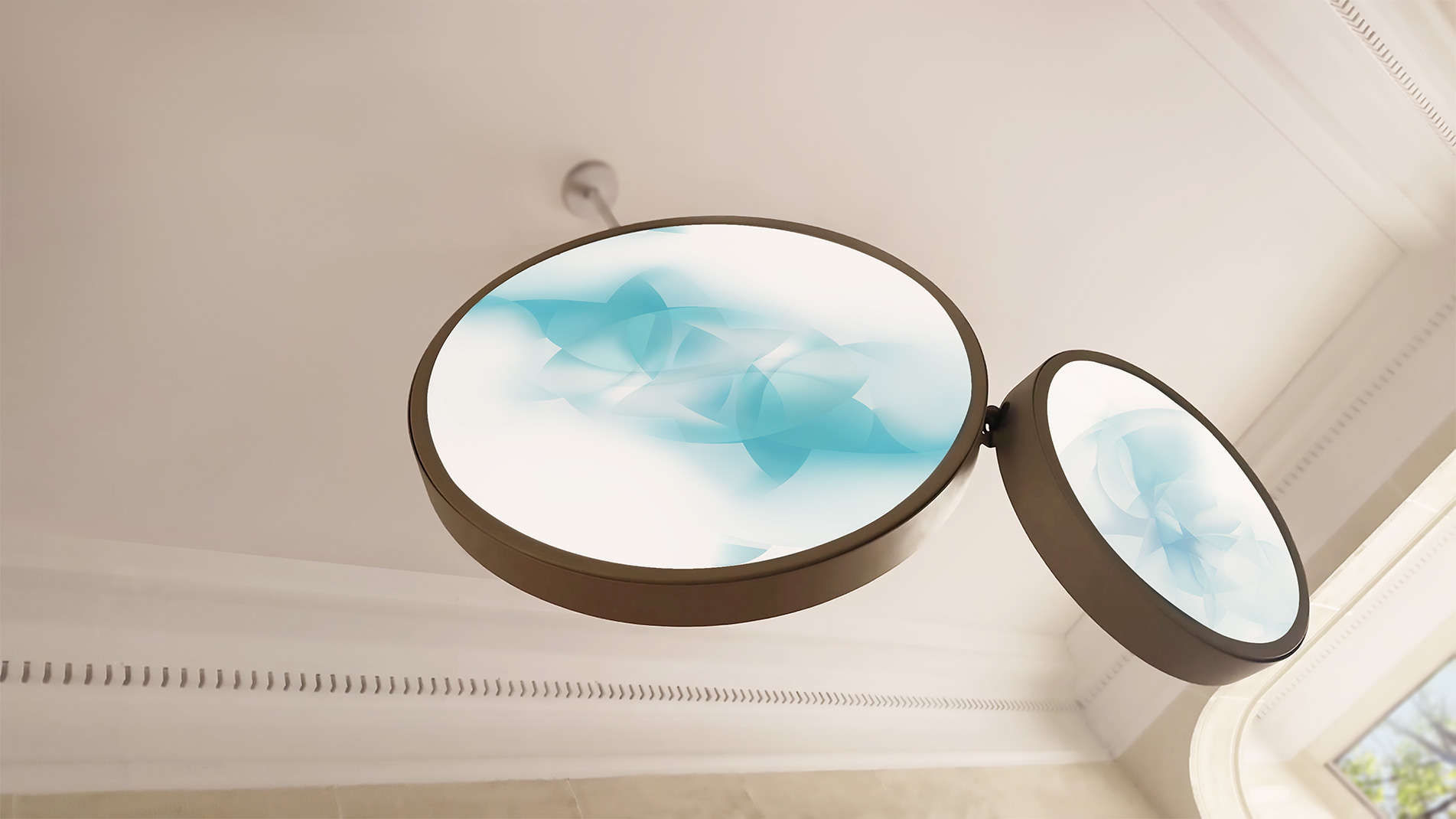 Luminaire : création ou oeuvre lumineuse de Guillaume en suspension, type lustre, composée d'émaux