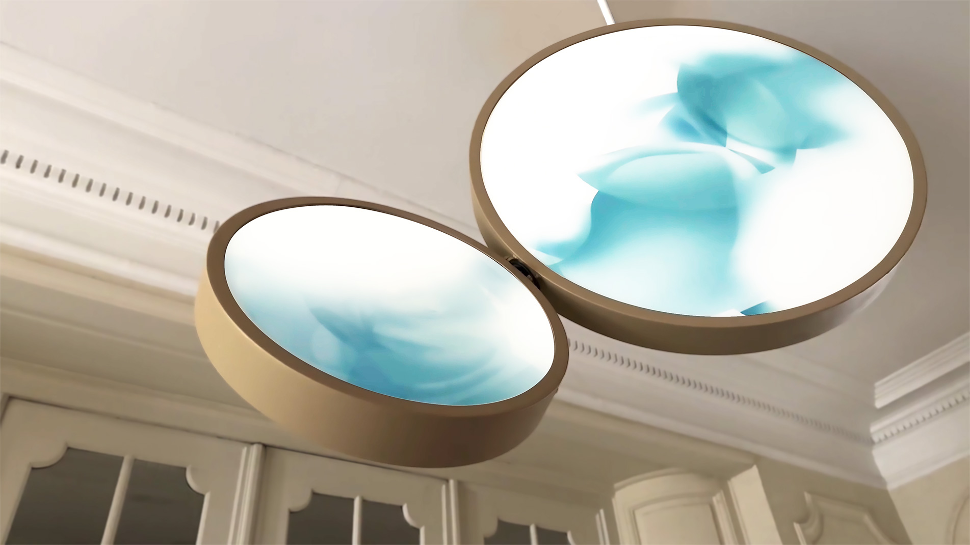 Creation, pending luminous work by Guillaume, made of enamels. Blue creation.