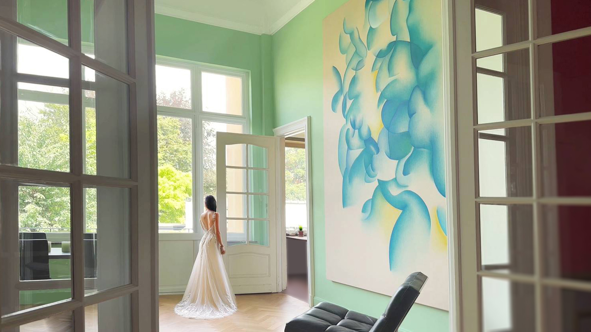 Atelier de Guillaume Bottazzi, espace vert, tableau bleu