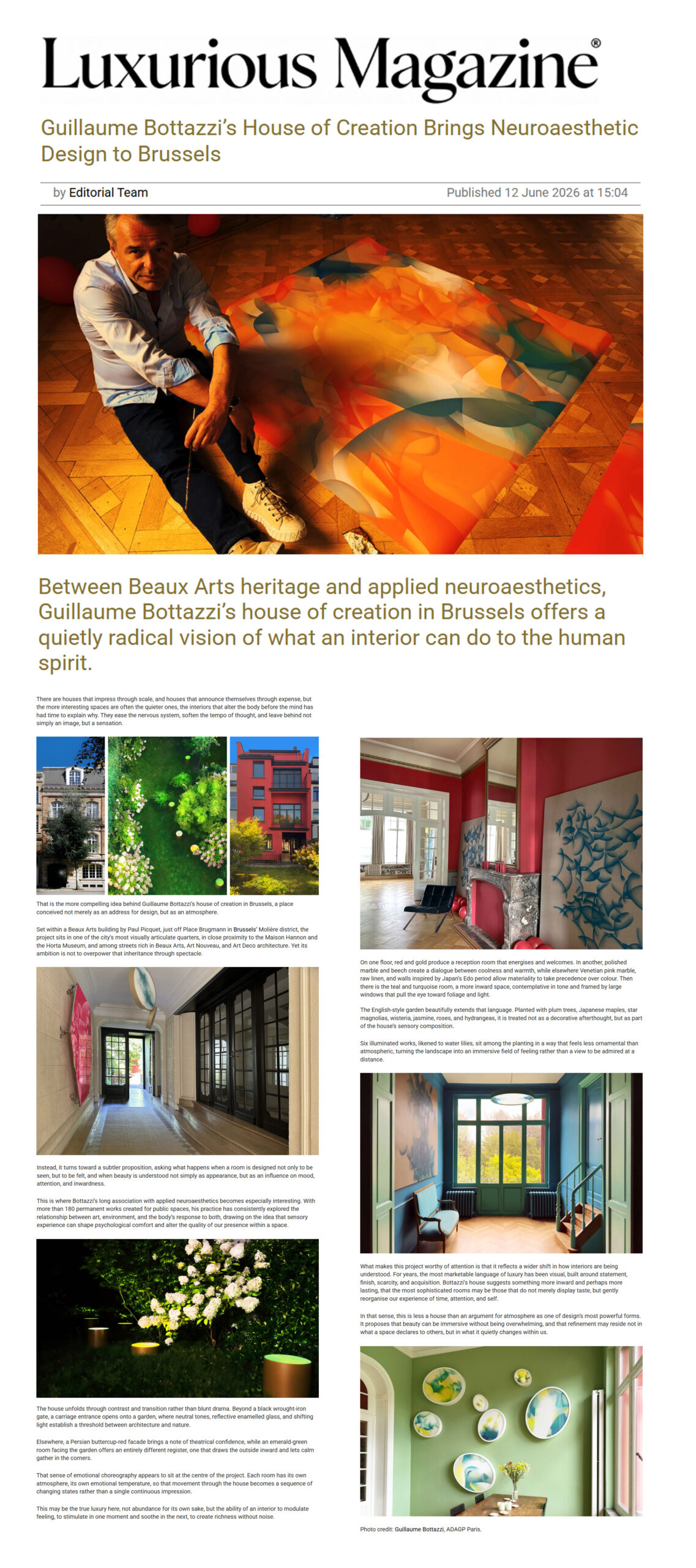 Article au sujet de la Maison de Création de Guillaume Bottazzi à Bruxelles sur le magazine Luxurious, juin 2026